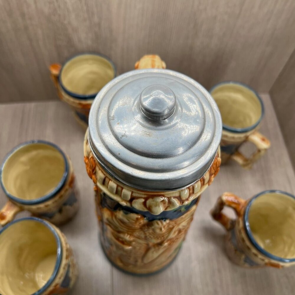 Vtg Ceramic Beer Stein Set w/Lidded Pitcher & 5 Mugs Made in Japan Blue Tan - Picture 5 of 16